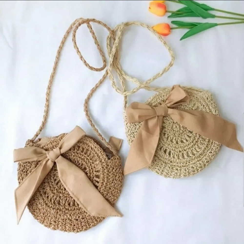 🆕Cute Circle Straw Bags with cute Bow Beige Brown - Picture 6 of 16